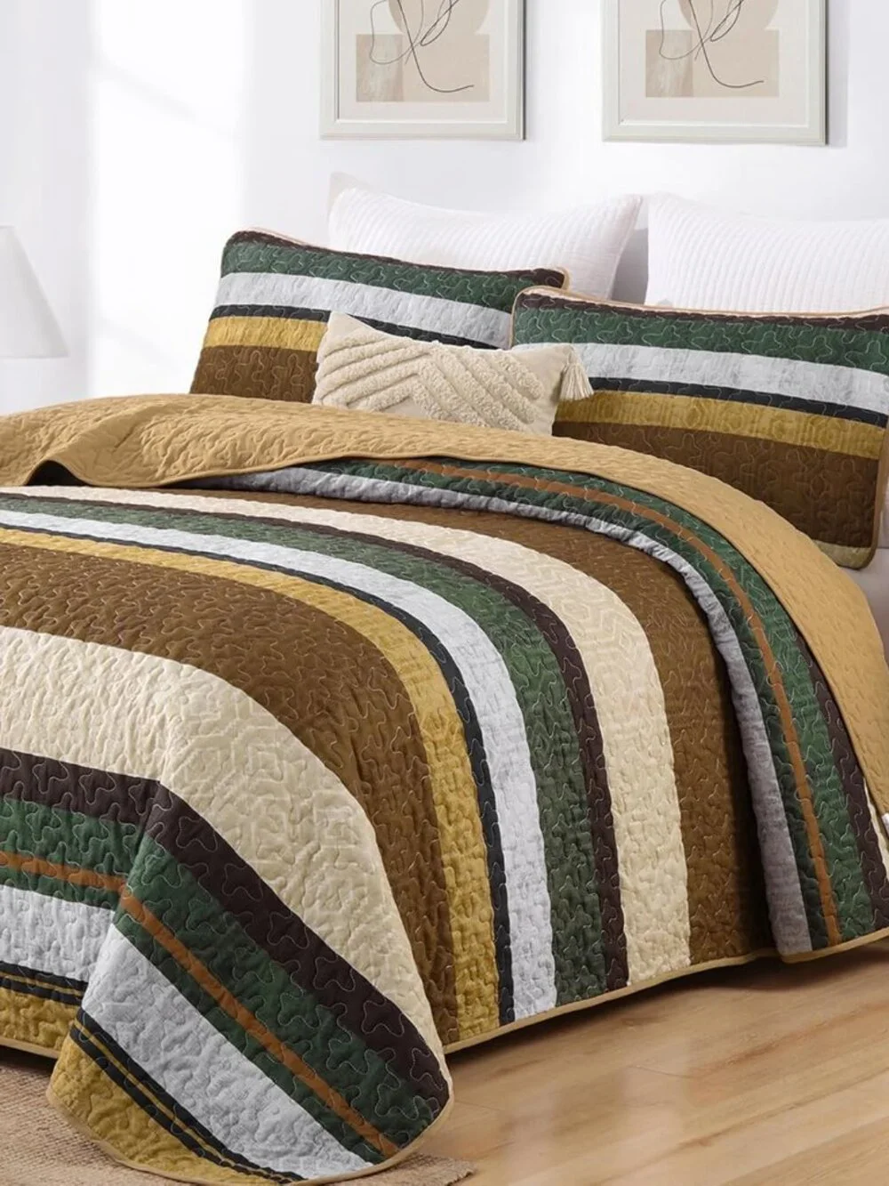 Brown Boho Fall Striped 3-Piece Quilt Bedding Set